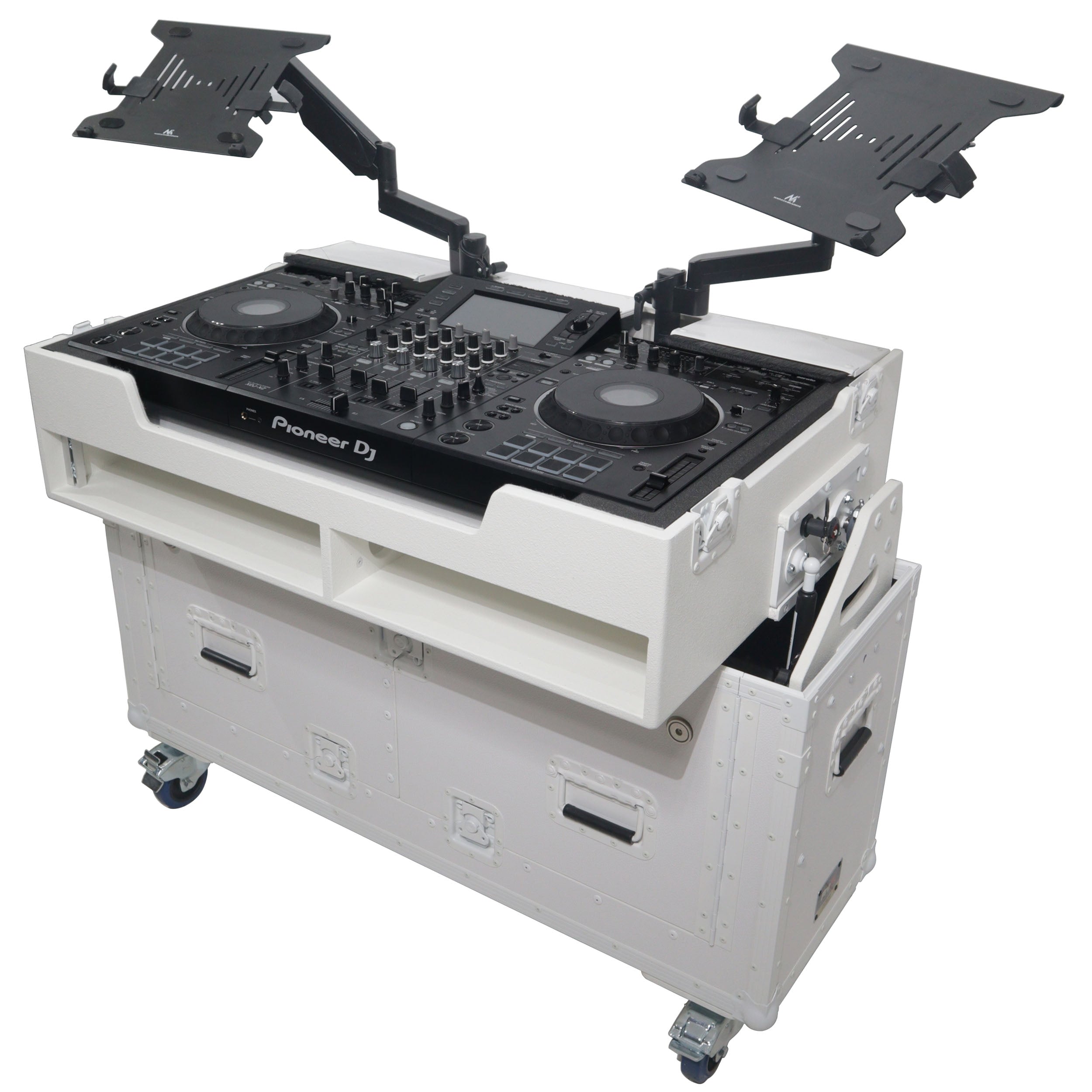 ProX XZF-UCXXWHITE - Flip-Ready Hydraulic DJ Flight Case For Pioneer DDJ-REV7 XDJ-XZ Opus Quad with Wheels and 2x Laptop Trays (White)