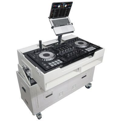 ProX XZF-UCXXWHITE - Flip-Ready Hydraulic DJ Flight Case For Pioneer DDJ-REV7 XDJ-XZ Opus Quad with Wheels and 2x Laptop Trays (White)