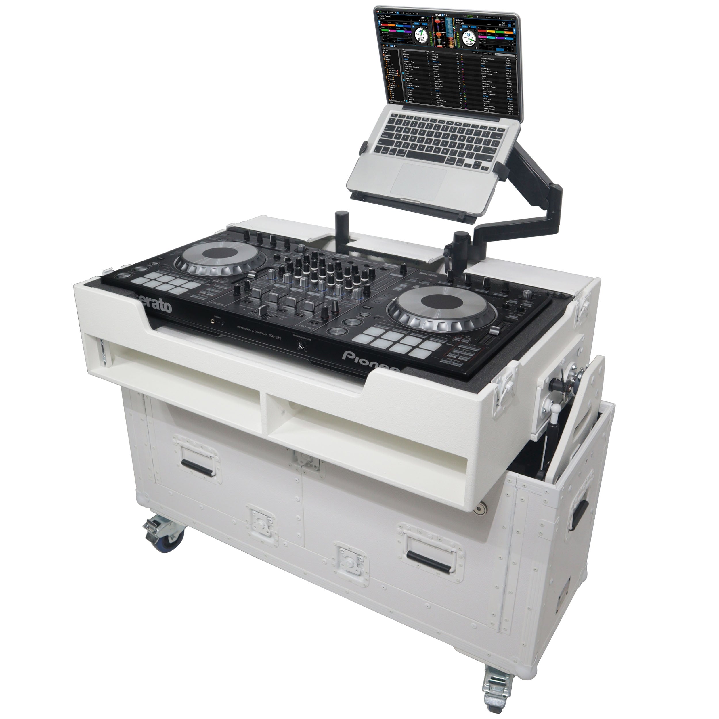 ProX XZF-UCXXWHITE - Flip-Ready Hydraulic DJ Flight Case For Pioneer DDJ-REV7 XDJ-XZ Opus Quad with Wheels and 2x Laptop Trays (White)
