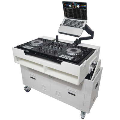 ProX XZF-UCXXWHITE - Flip-Ready Hydraulic DJ Flight Case For Pioneer DDJ-REV7 XDJ-XZ Opus Quad with Wheels and 2x Laptop Trays (White)