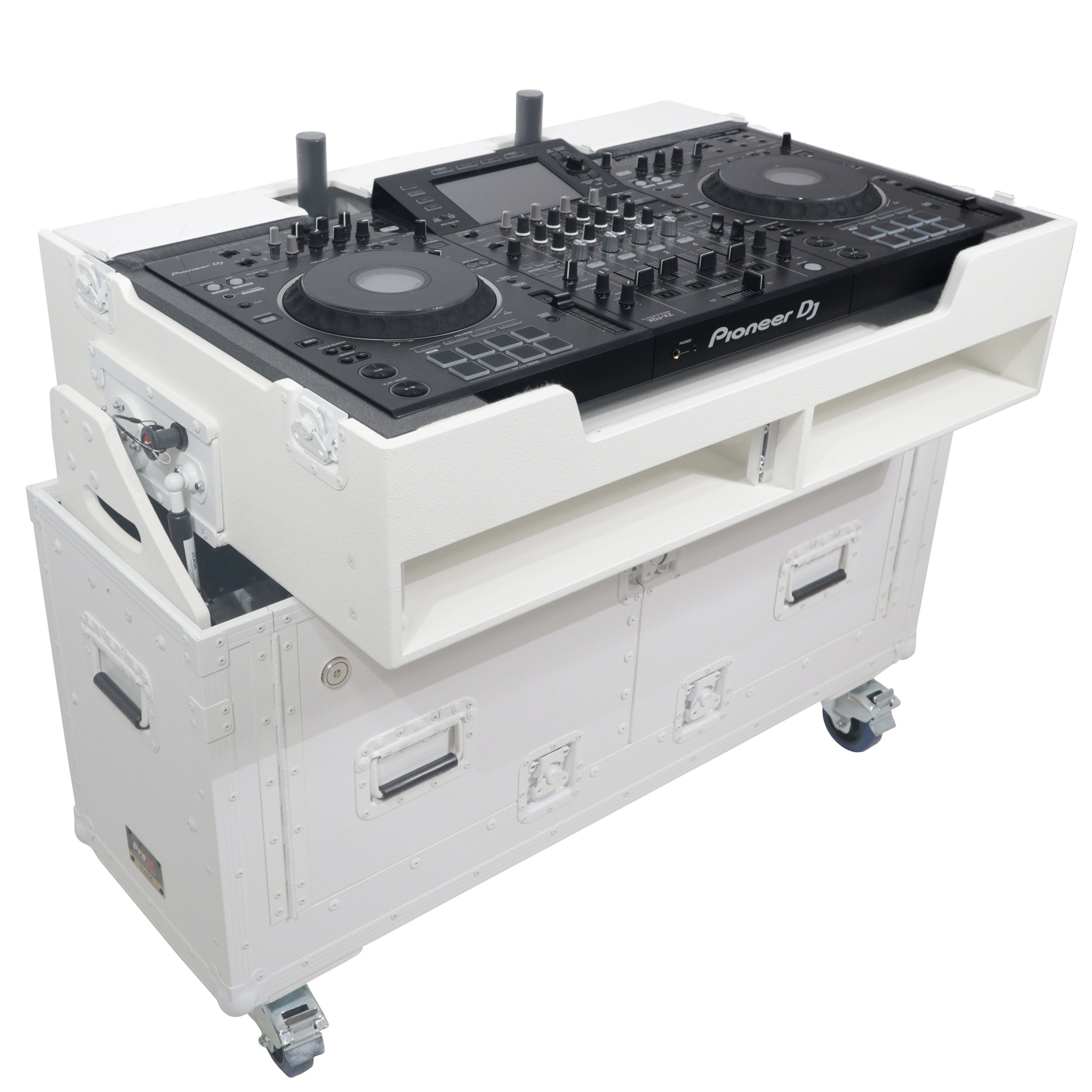 ProX XZF-UCXXWHITE - Flip-Ready Hydraulic DJ Flight Case For Pioneer DDJ-REV7 XDJ-XZ Opus Quad with Wheels and 2x Laptop Trays (White)