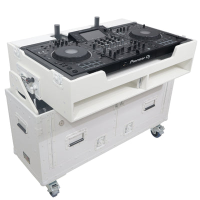 ProX XZF-UCXXWHITE - Flip-Ready Hydraulic DJ Flight Case For Pioneer DDJ-REV7 XDJ-XZ Opus Quad with Wheels and 2x Laptop Trays (White)