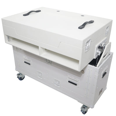 ProX XZF-UCXXWHITE - Flip-Ready Hydraulic DJ Flight Case For Pioneer DDJ-REV7 XDJ-XZ Opus Quad with Wheels and 2x Laptop Trays (White)