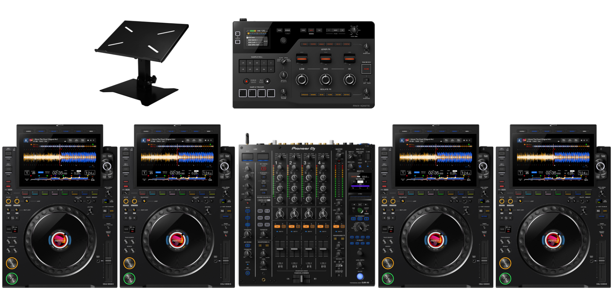 4x AlphaTheta CDJ-3000X + Pioneer DJ DJM-A9 + RMX-IGNITE and Stand
