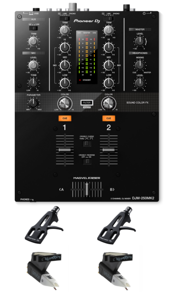 Pioneer DJ DJM-250MK2 + Ortofon OM Q.Bert Cartridges and Headshells Bundle