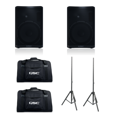 QSC CP12 (Pair) + CP12 Totes + Speaker Stands Bundle
